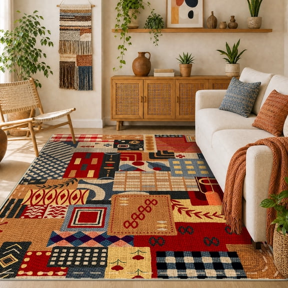 Janvonne Abstract Patchwork Geometric Area Rug, 4x6ft Multi-Color Vintage, Low Pile, Non-Slip, Machine Washable, Carpet for Living Room, Bedroom