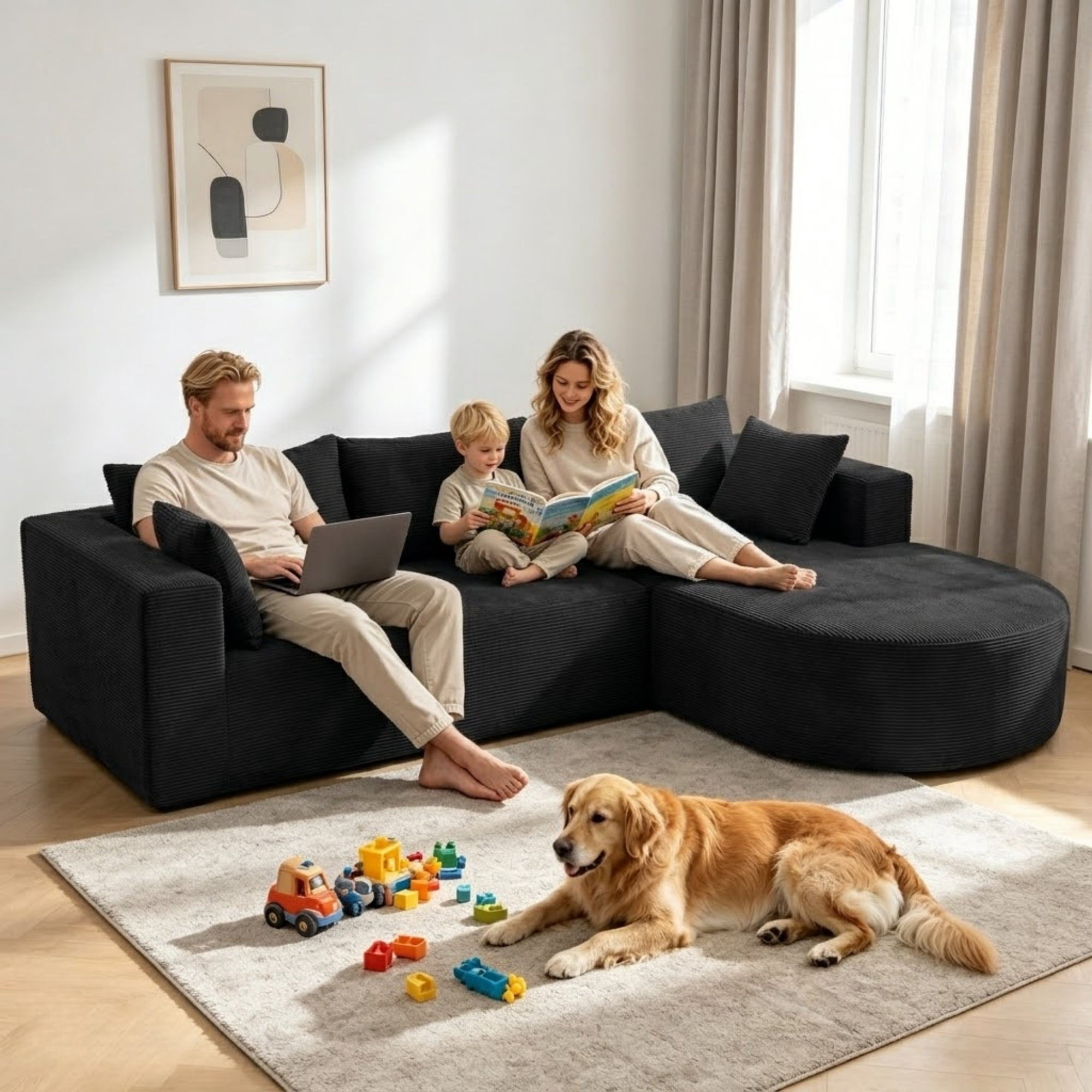 ShiKeyi 105" Modular L-Shaped Cloud Sofa, 3-Seater Corduroy Sectional Couch with Deep Seats Chaise, Soft Boneless Design for Living Room, Black (Left)