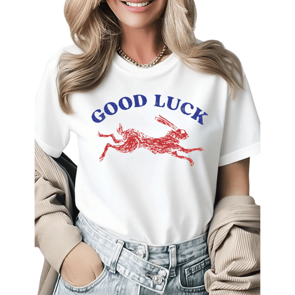 Good Luck Running Rabbit Vintage Graphic Tees Womans Tshirt Shirts Black White S-5XL Tops