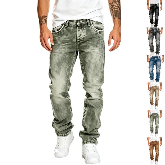 GrmtClth Men's Straight Leg Jeans Washed Tie-Dye Denim Pants Contrast Stitch Stretch Mid Rise Streetwear Hip Hop with Pockets S