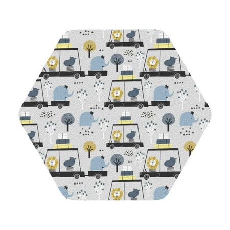 

Matuu Lion Hippo Elephant On The Car for Cup Coasters Set of 6 Leather Coasters Desk Coasters for Office Measures 4” x 4” Hexagon