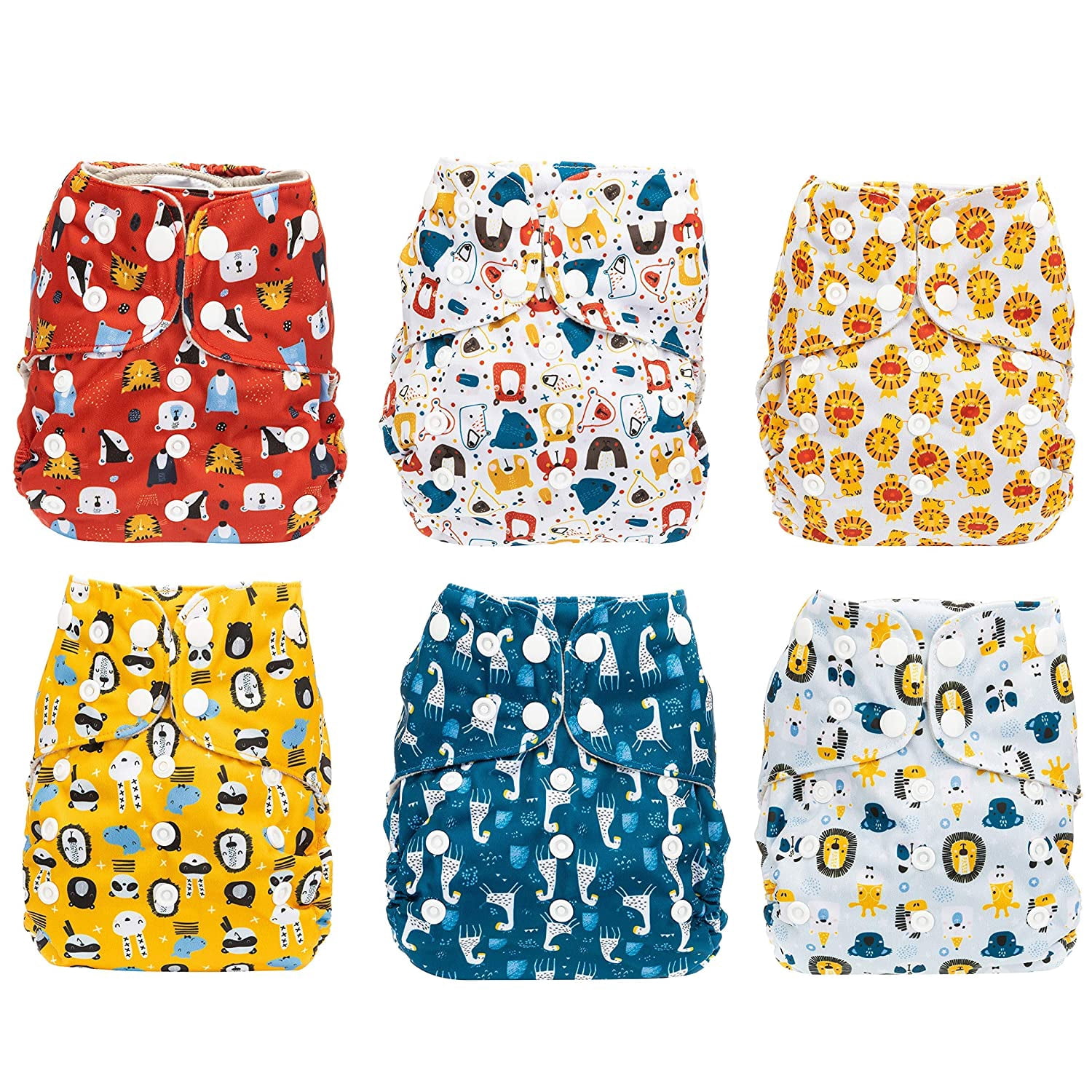 Simple Being Reusable Cloth Diapers,6 Pack Pocket Adjustable Size,Waterproof Cover,6 Inserts,Wet Bag, Double Gusset (Boy Animals)
