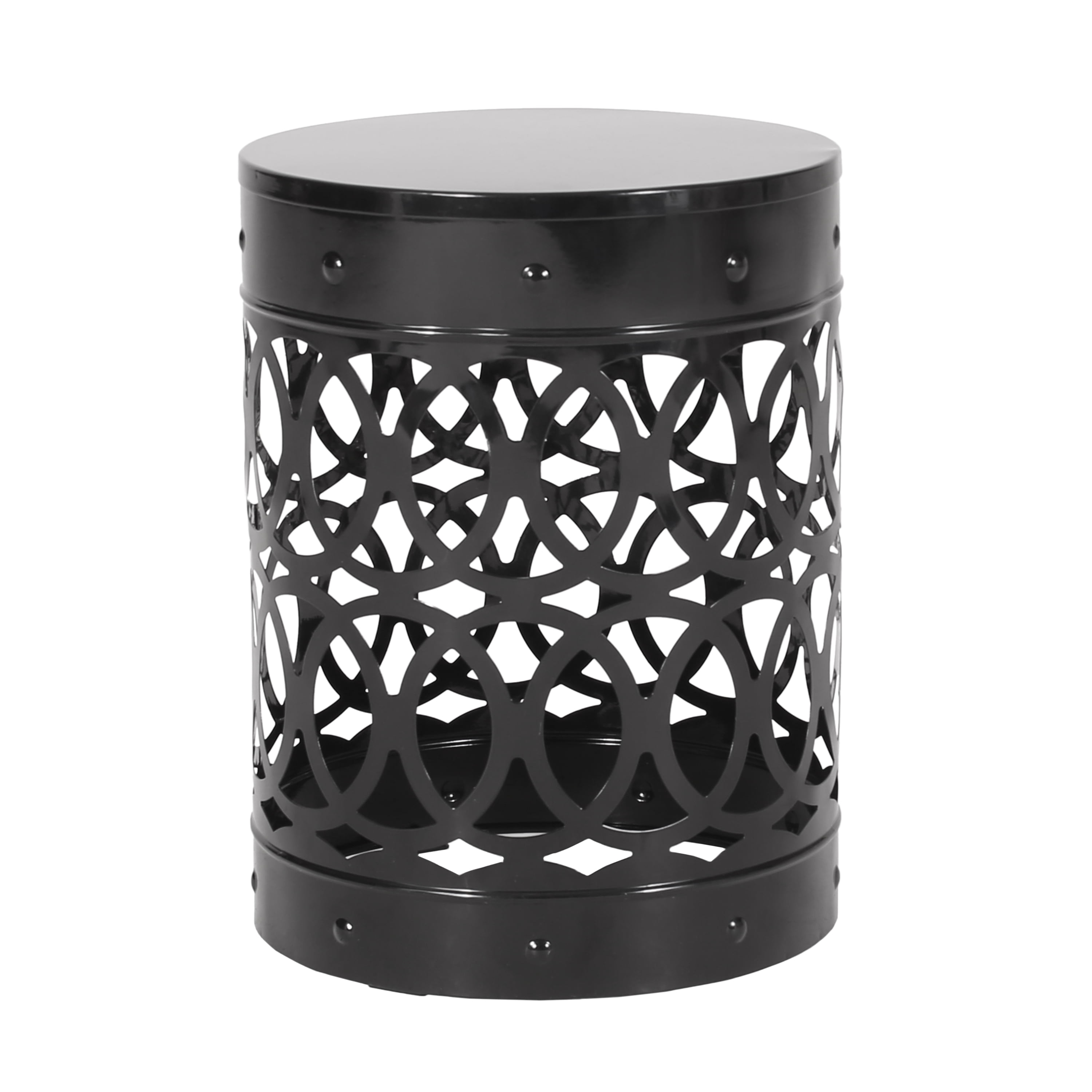 Mintazer Outdoor Metal Side Table, Modern Iron Cut PatioTable with Overlapping Circle Pattern, Black