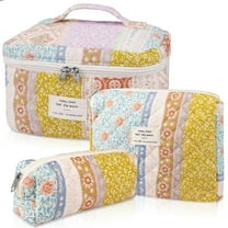 Soda Candy Makeup Bag Large Quilted Cosmetic Bag Floral Make up Bag for Women Cute Cotton Makeup Bag Set Travel Toiletry Organizer Bag, Flower Stitching