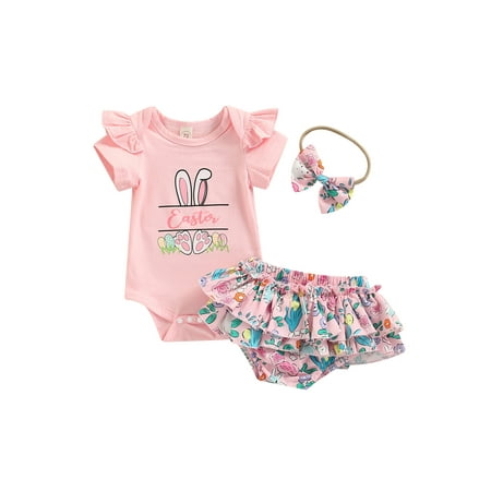 

Canis Newborn Infant Baby Girl Easter Outfits Short Sleeve Romper Top Bunny Ruffle Shorts Headband Clothes