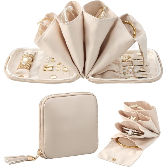 Lolalet Travel Jewelry Case Organizer, Small Jewellery Pouch with Compartments for Storage Bag for Traveling Women -Oatmeal