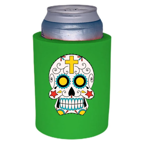 Sugar Skull Thick Foam Old School Can Coolie (Bright Green)