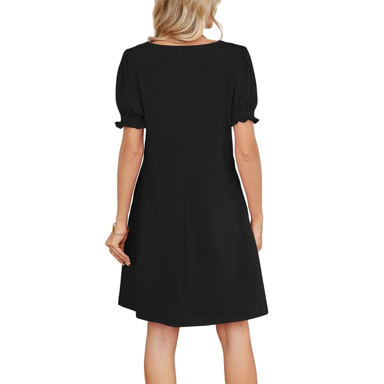 Vetsdori Short Sleeve Mini Dresses for Women Summer Black Sundress Holiday  Plain,Party A-Line Square Neckline Pleated Juniors Dress Lightweight