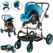 Angle View: VEVOR 3 in 1 Stroller Blue Baby Stroller 3 in 1 with Baby Basket(No Base) Foldable Luxury Baby Stroller Anti-Shock Springs High View Pram