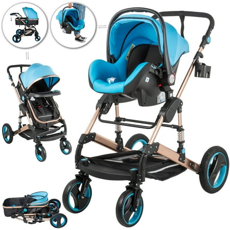 VEVOR 3 in 1 Stroller Blue Baby Stroller 3 in 1 with Baby Basket(No Base) Foldable Luxury Baby Stroller Anti-Shock Springs High View Pram