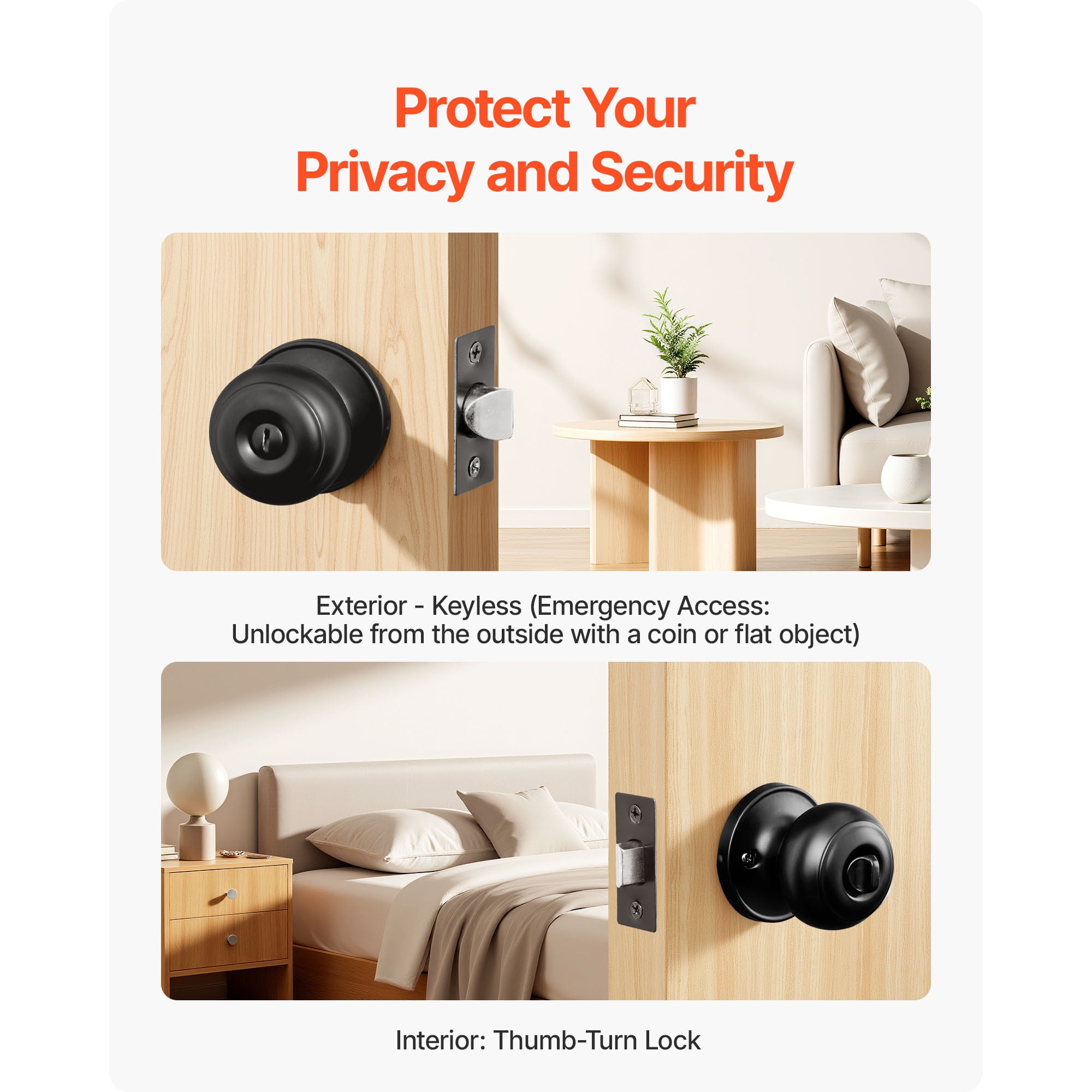 KFFKFF 6 Pack Black Door Knobs, Privacy Door Handles with Round Ball Design, Keyless Exterior and Thumb Turn Interior Lock, Durable Metal Construction, Matte Black Finish for Bedrooms and Bathrooms