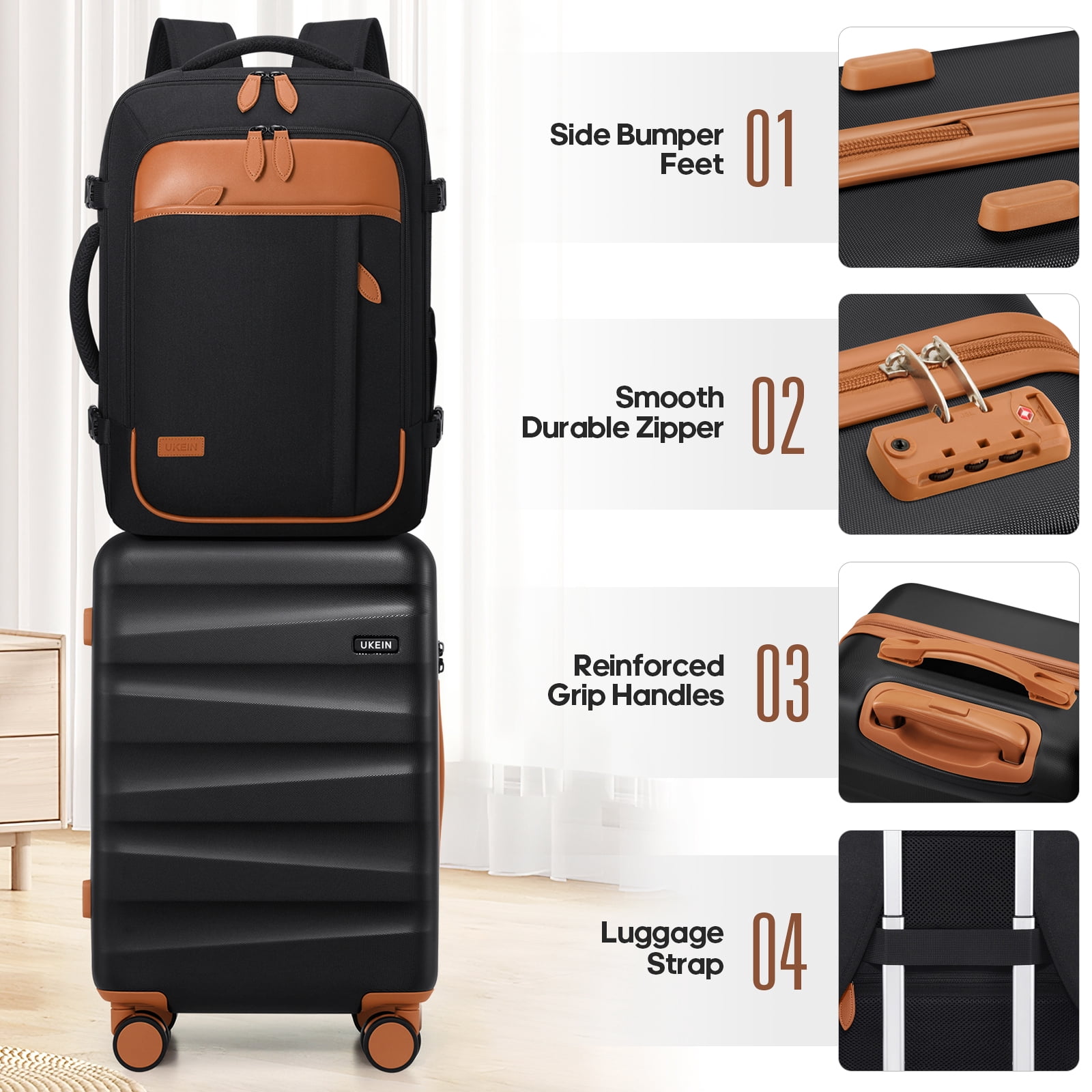 UKEIN Carry On Luggage 20 Inch Hardside Suitcase with YKK Zippers TSA Lock and Spinner Wheels Luggage Sets with Travel Backpack 3 Packing Cubes for Men Women