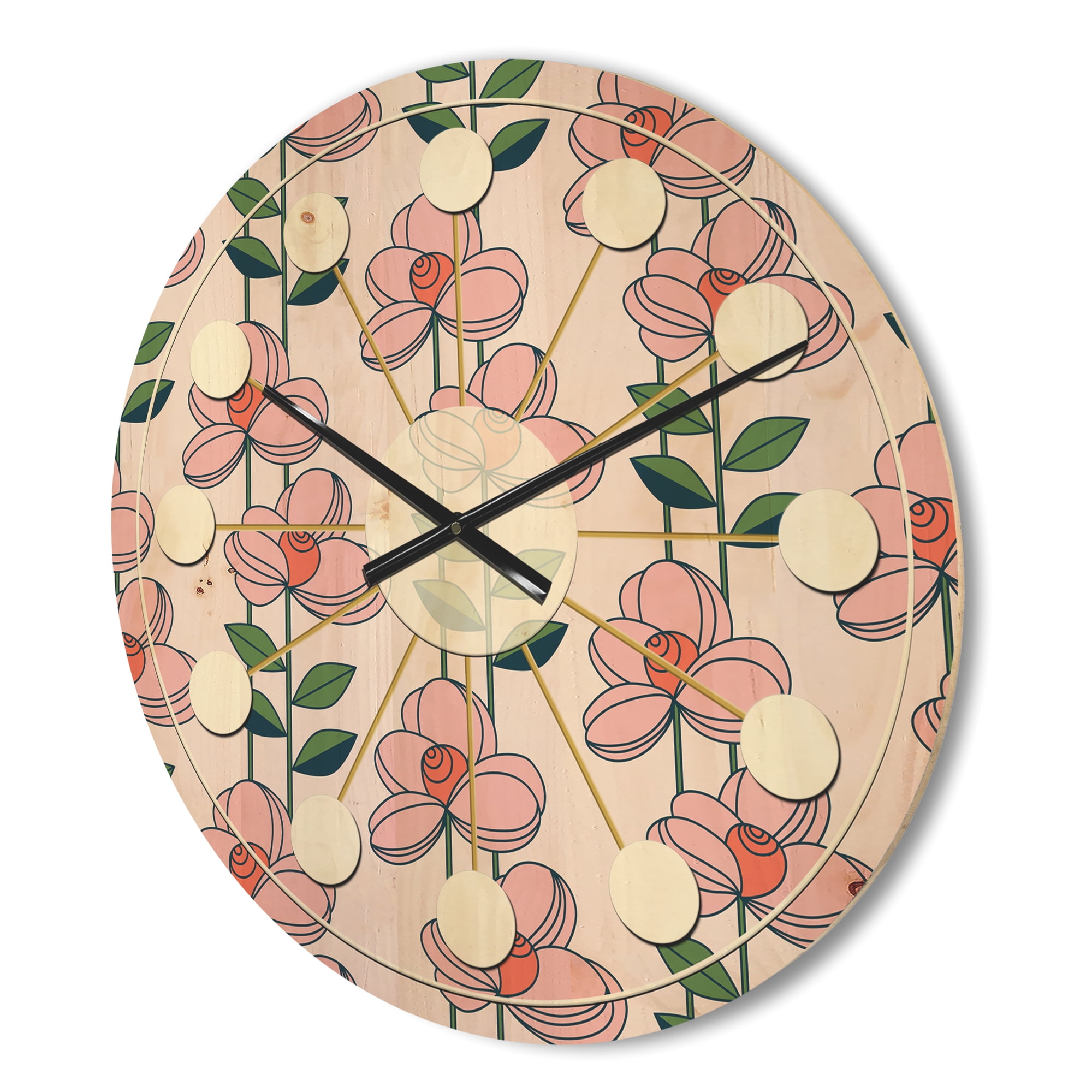 Designart 'Botanical Floral Retro XII' Mid-Century Modern Wood Wall Clock