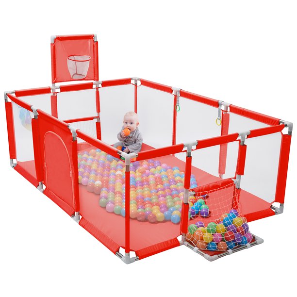 91 Inch Large Kid Baby Playpen Playard With Basketball Hoop,Folding