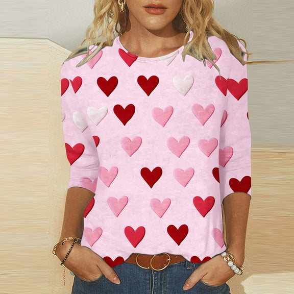 Tejiojio Red Heart Sweater for Women Loose Medium Long Sleeve 3/4 Sleeve Valentine's Day Printed Crew-neck Top