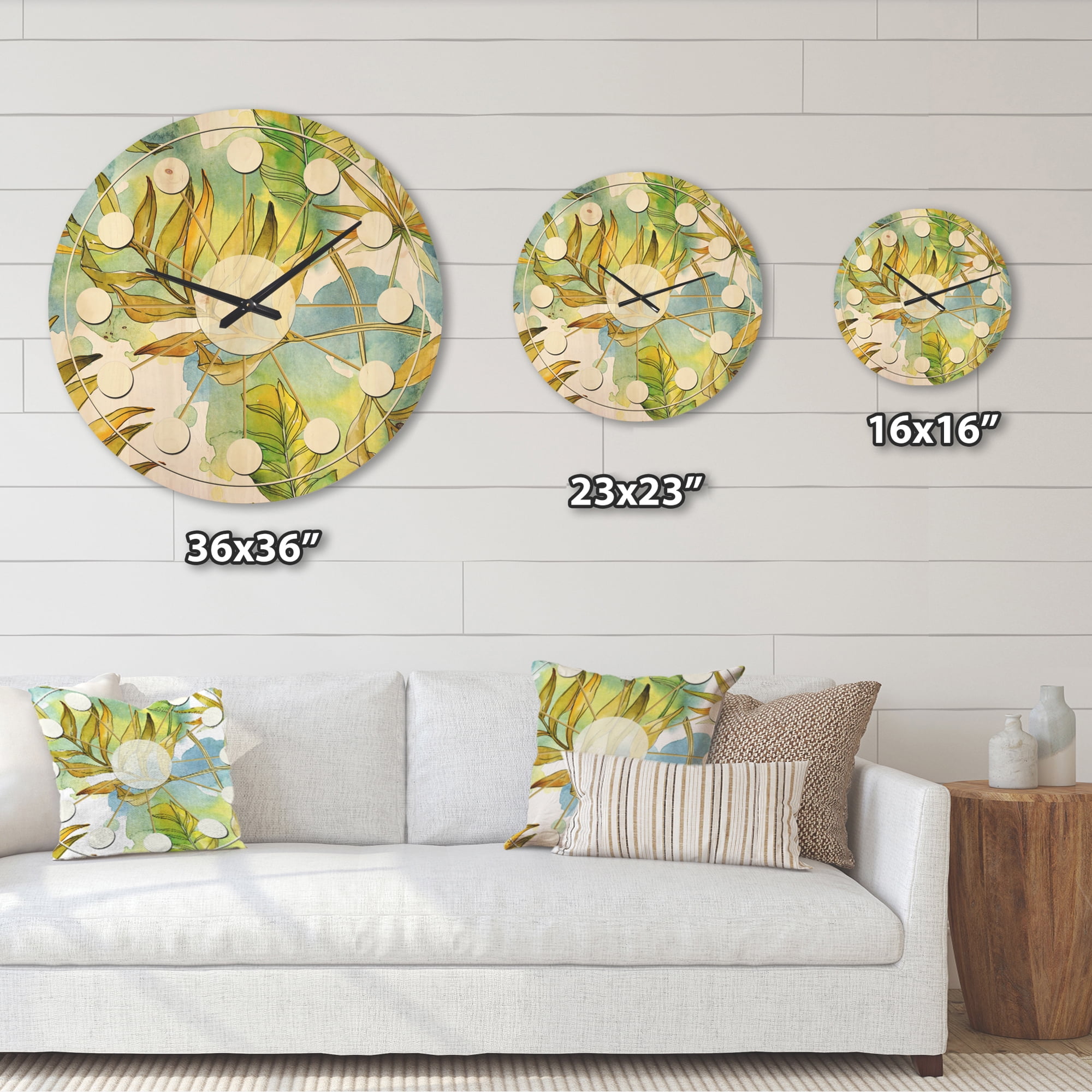 Designart 'Tropical Foliage Retro Pattern' Mid-Century Modern Wood Wall Clock