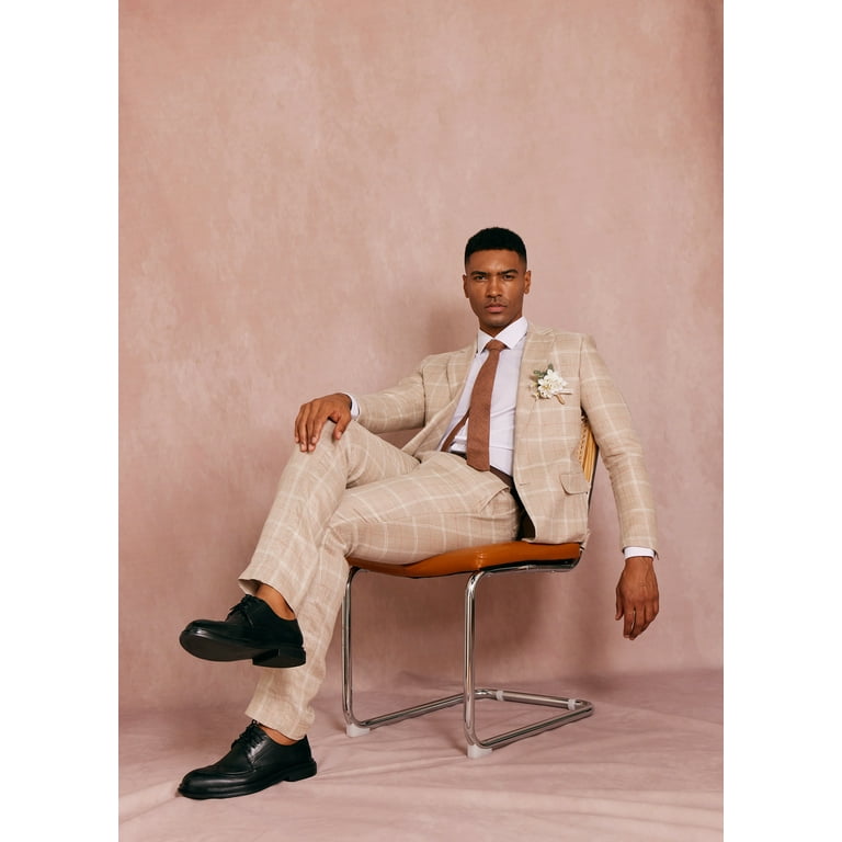 1PA1 Men s 2 Piece 100 Linen Plaid Suit Jacket Pant Set Business Wedding Party Suit Khaki S