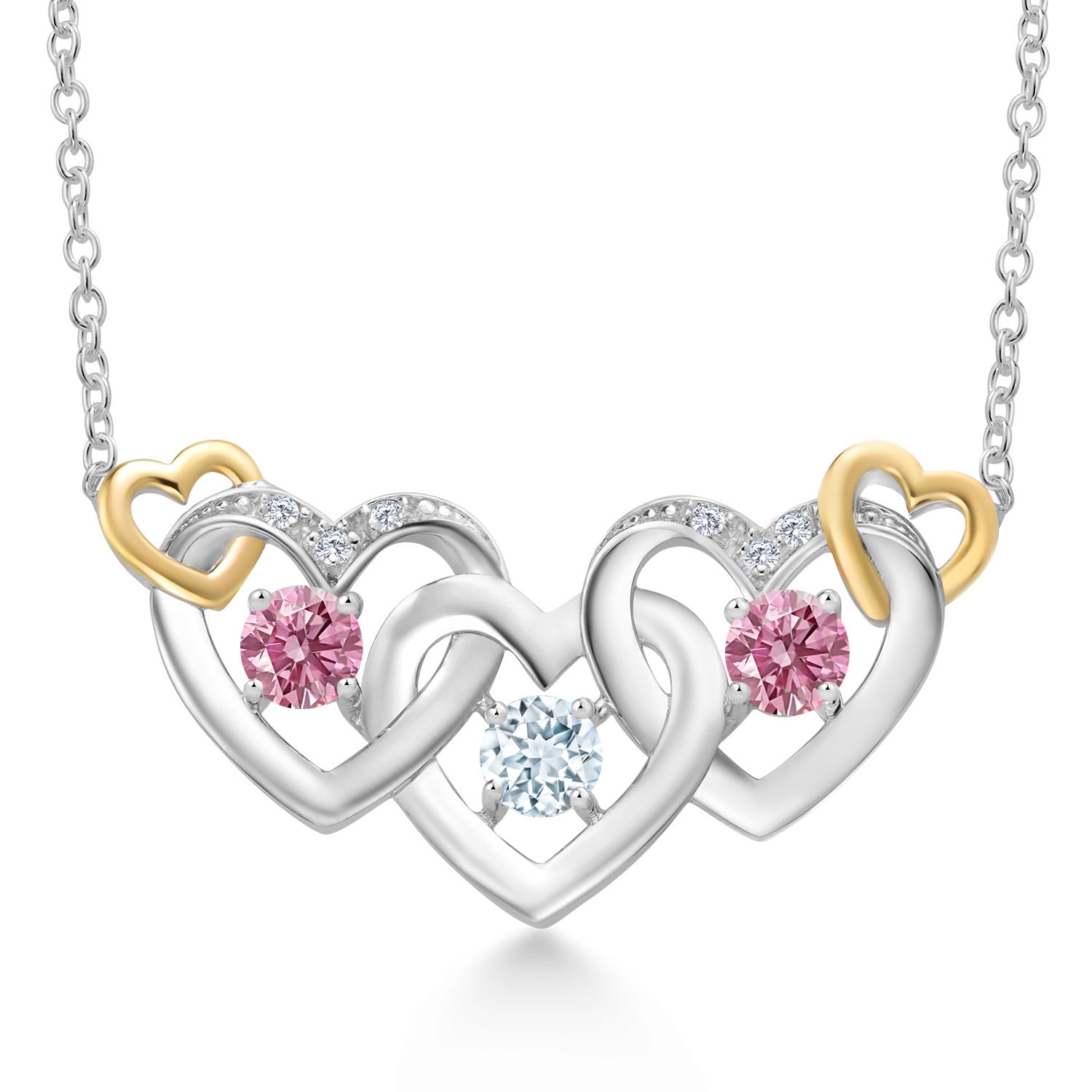 Gem Stone King 925 Silver and 10K Yellow Gold Sky Blue Aquamarine Pink and White Lab Grown Diamond Heart Shape Pendant Necklace for Women (0.81 Cttw, with 18 inch Chain)