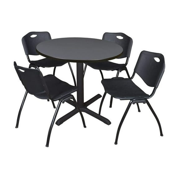 Round Breakroom Table & Chair Set - 42" Grey Table w/ 4 Black Stack Chairs - Office, Cafeteria, Dining