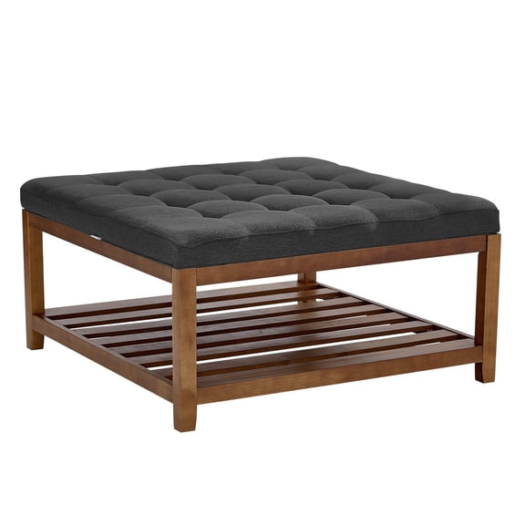 Large Square Ottoman Coffee Table, 34.5" Tufted with Storage Shelf, Upholstered Footrest