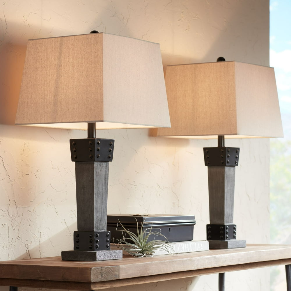 John Timberland Modern Farmhouse Table Lamps Set of 2 LED Gray Wood Dark Metal Rectangular Shade