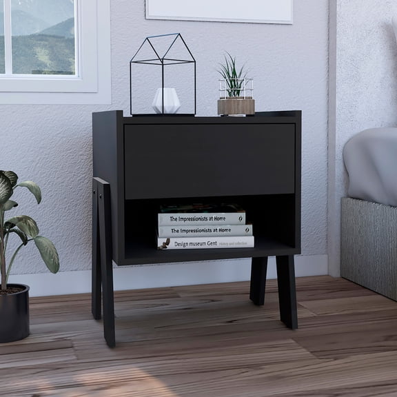 TUHOME Joy Nightstand, Compact Bedside Table with Drawer and Open Shelf, 21.8" Tall Night Stand, Black