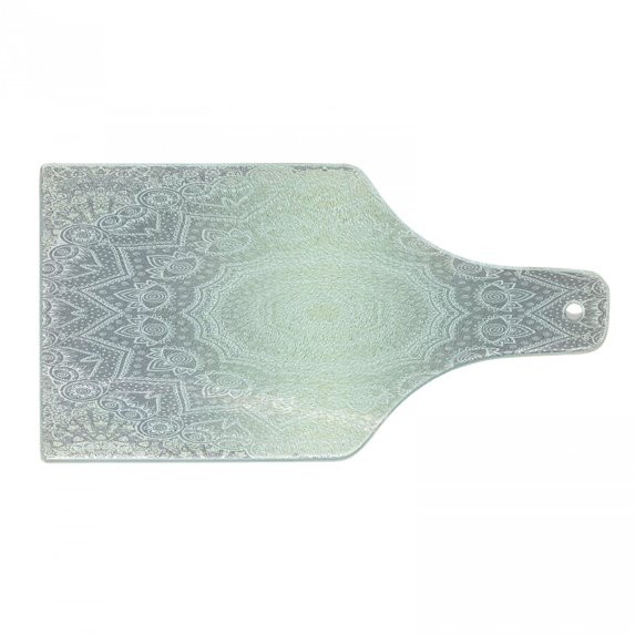 Grey and White Cutting Board, Culture Mandala Circle Ombre Art Cosmos, Decorative Tempered Glass Cutting and Serving Board, Wine Bottle Shape, Pale Grey White Ivory, by Ambesonne