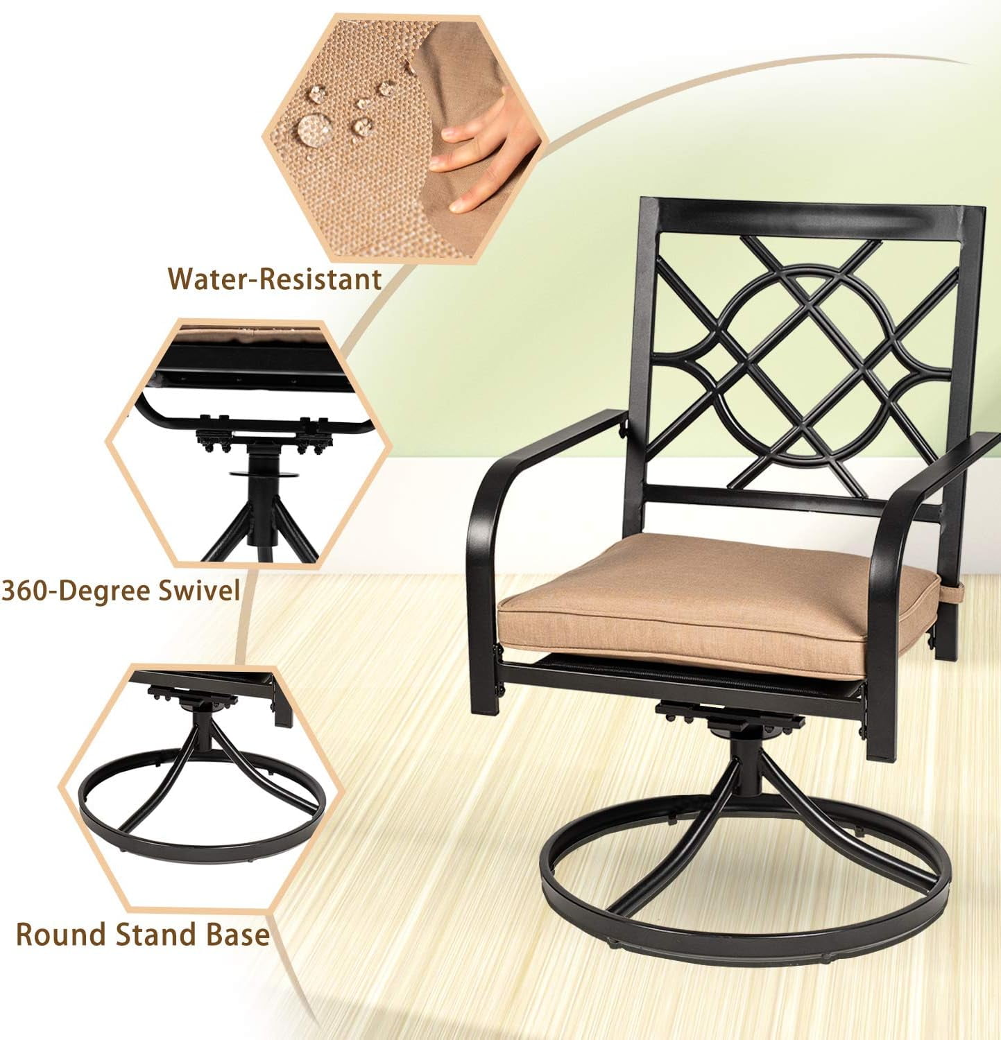 SOLAURA Patio Metal Swivel Chairs Outdoor Dining Chairs Set of 2 with Brown Cushion