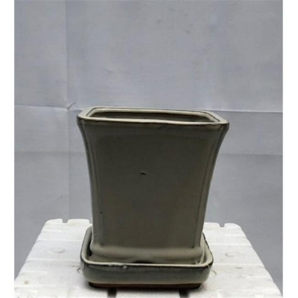 5.25 x 5.25 x 5.5 in. Beige Ceramic Bonsai Pot with Attached Humidity & Drip Tray, Square