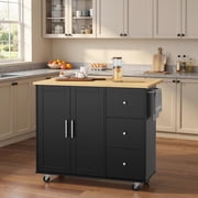 Walsunny 40 Kitchen Islands Carts with Storage Drop Leaf Countertop on Wheels Rolling Microwave Utility Carts with 3 Drawers 1 Storage Cabinets,Black