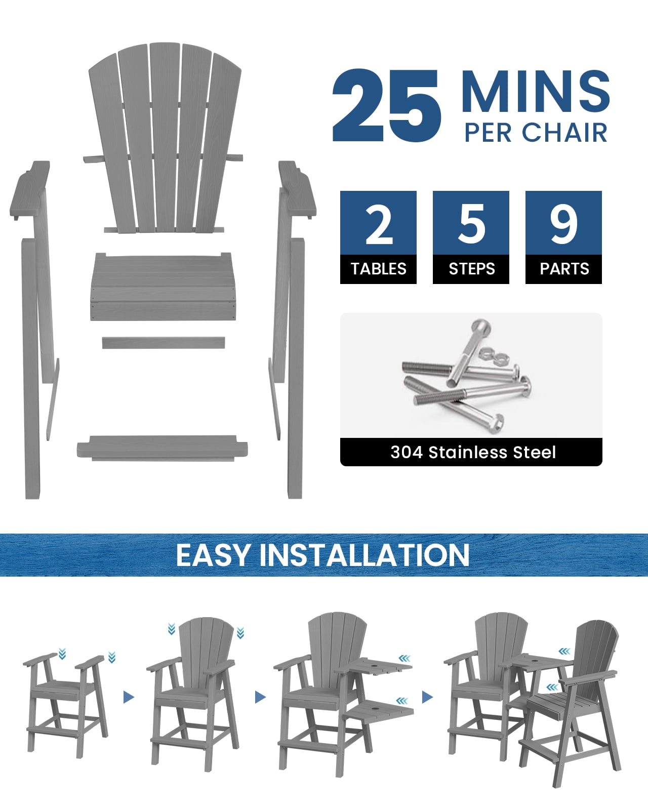 CIOKEA Tall Adirondack Chair Set of 2, All Weather HDPE Patio Chairs with Double Removable Connecting Trays for Balcony, Deck, Backyard, Patio, Garden, Gray