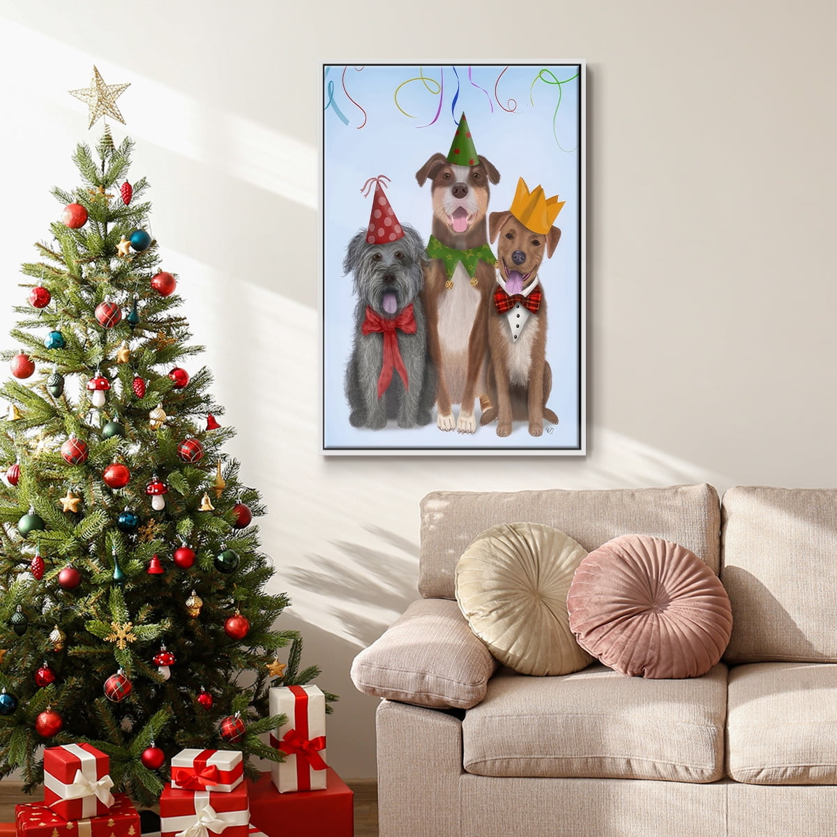 Christmas Party Mutts - Framed Gallery Wrapped Holiday Canvas - 27 x 41 - White Frame