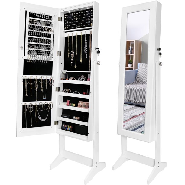Greenco Free Standing Jewelry Organizer Armoire with Large Mirror and