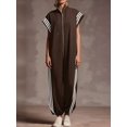 thumbnail image 4 of Women'S Zipper Stand Collar Striped Color Block Fashion Long Jumpsuit Casual Chic One-Piece Outfit Brown XL, 4 of 5