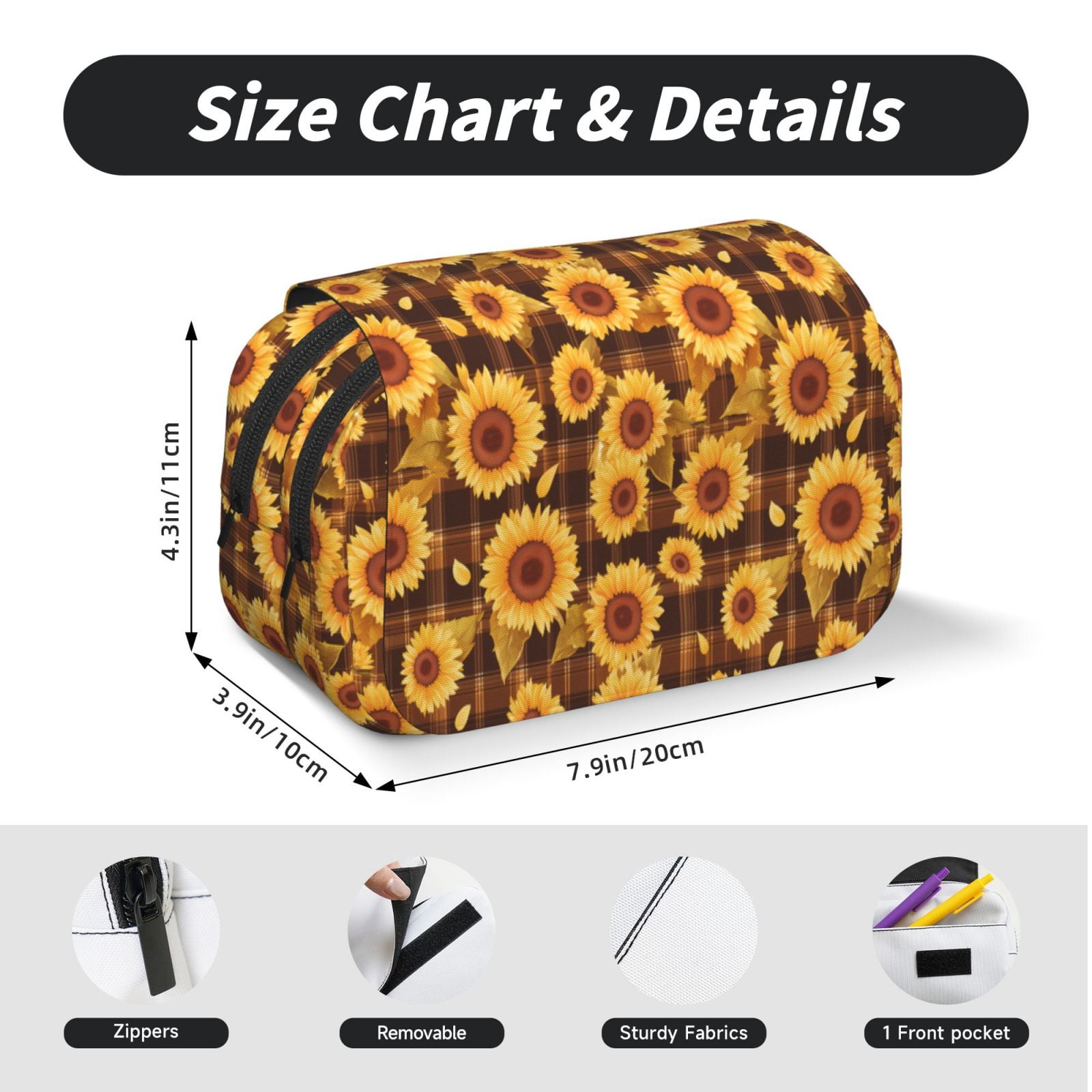 Rateoe Vintage Brown Plaid Sunflower Pattern Double Clamshell Pen Case, Storage Organizer with Two Zipper Compartments– Holds Up to 50 Pencils & Pens
