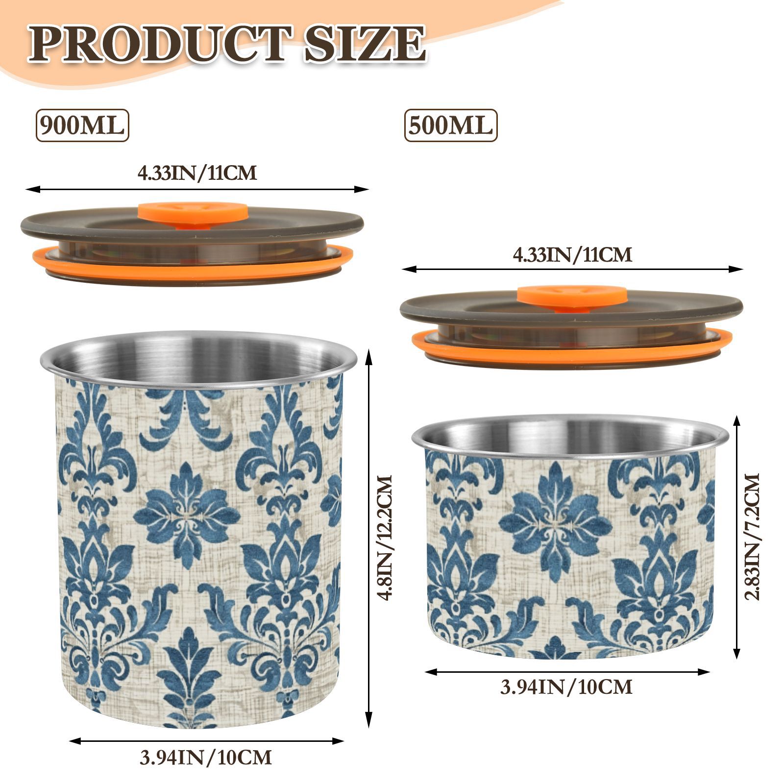 Blue Arab Damask Flower Airtight Coffee Bean Canister 30oz Food Storage Containers with Lids For Gournd, Tea, Sugar, Flour, Rice, Cereal, Candy Cookie Jar