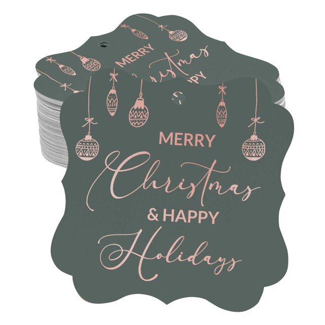 Inkdotpot Pack Of 100 Real Rose Gold Foil Bracket Shape Paper Tags Merry Christmas & Happy Text Favor Hang Tags
