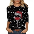 thumbnail image 1 of Hauts pour Femmes Décontractés Imprimé de Noël Flocon de Neige Verre de Vin Rouge Col Rond Manches 3/4 T-Shirt Grande Taille Blouse de Travail,Noir,5TG, 1 of 5
