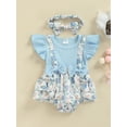 thumbnail image 2 of Franhais Baby Girls Romper and Headband, Fly Sleeves Patchwork Flower Print Jumpsuit for Infant, Blue/ Pink, 2 of 9
