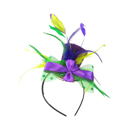 Mardi Gras Mini Top Hat Headband Green/Yellow/Purple Feathers Costume Accessory