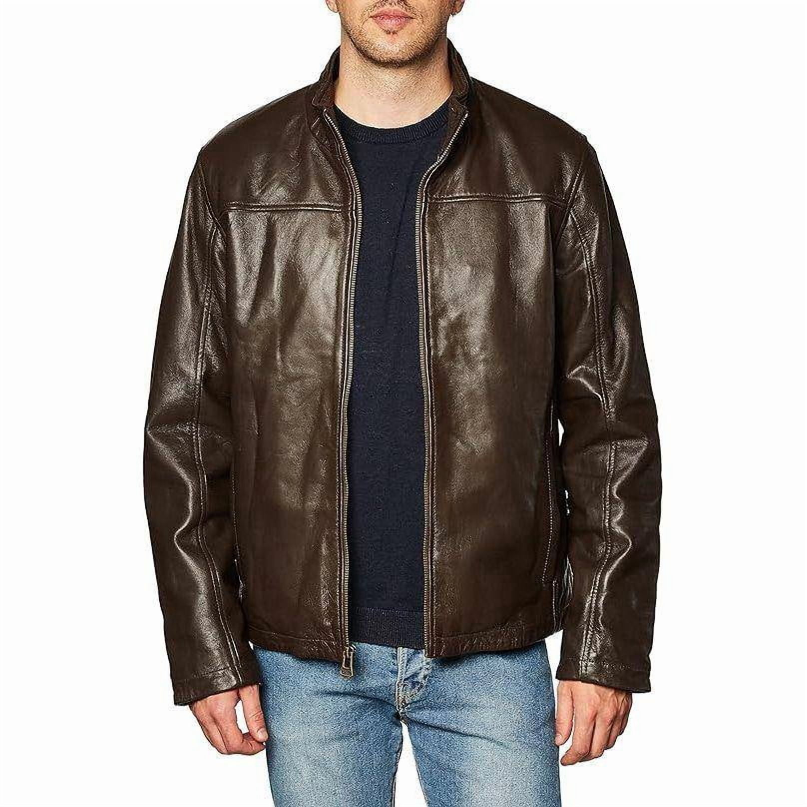 Cole Haan Men's Lamb Leather Jacket With Ribbed Convertible Collar (Black, XXL)