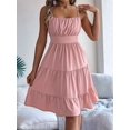 thumbnail image 5 of Women's Square Neck Spaghetti Strap Tiered High Waist Flowy Casual Mini Dress Pink S, 5 of 10