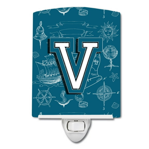 Caroline's Treasures CJ2014-VCNL Letter V Sea Doodles Initial Alphabet Ceramic Night Light, 6x4x3", multicolor