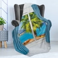 thumbnail image 4 of Beach Soft Flannel Fleece Throw Blanket, View from Window a Curtain Tropical Sun Rays Horizon Palm Ocean Print, Cozy Plush for Indoor and Outdoor Use, 50" x 70", Blue Green, by Ambesonne, 4 of 5