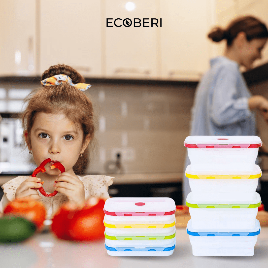 Ecoberi Collapsible Food Containers, BPA-Free Silicone, Reusable, Stackable, Space-Saving for Snacks, Lunches, Travel Pack of 4