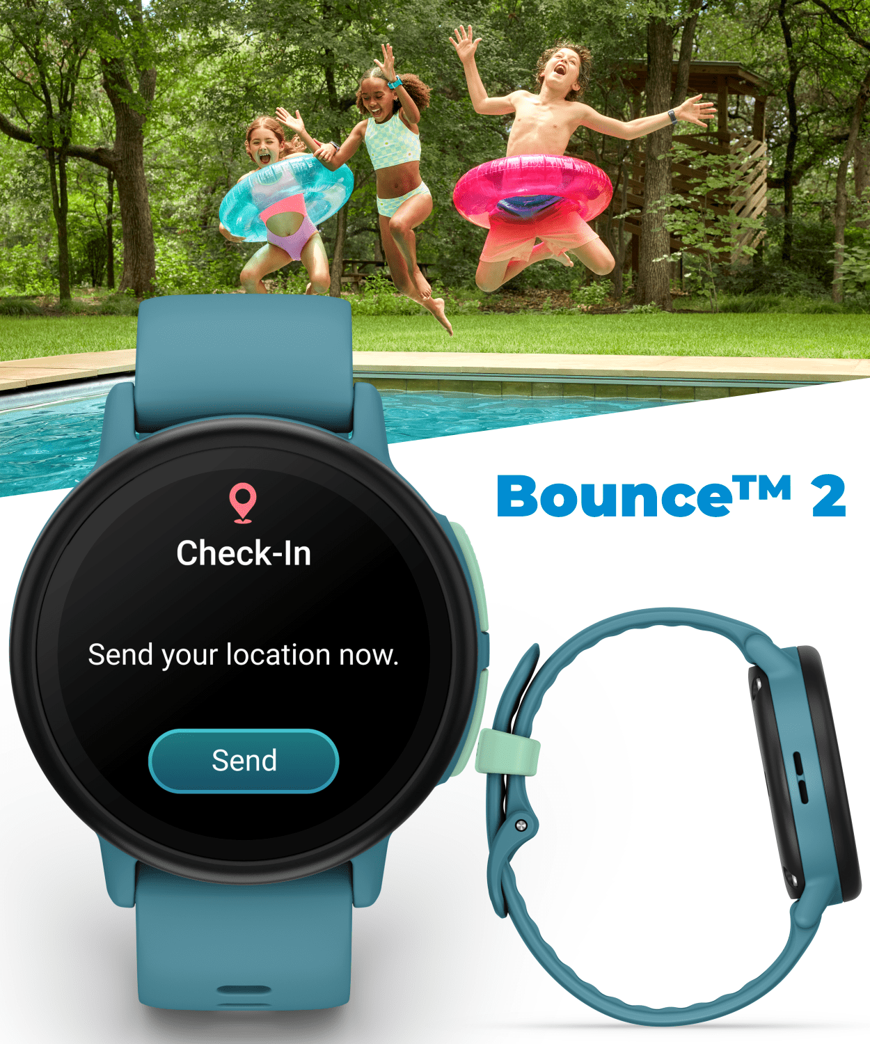 Garmin Bounce 2 Kids Smartwatch with LTE – Two-Way Calling, Text Messaging, Real-Time GPS Tracking, Swim-Friendly AMOLED Display, Music, Turquoise w/Wearable4U PowerBank Bundle
