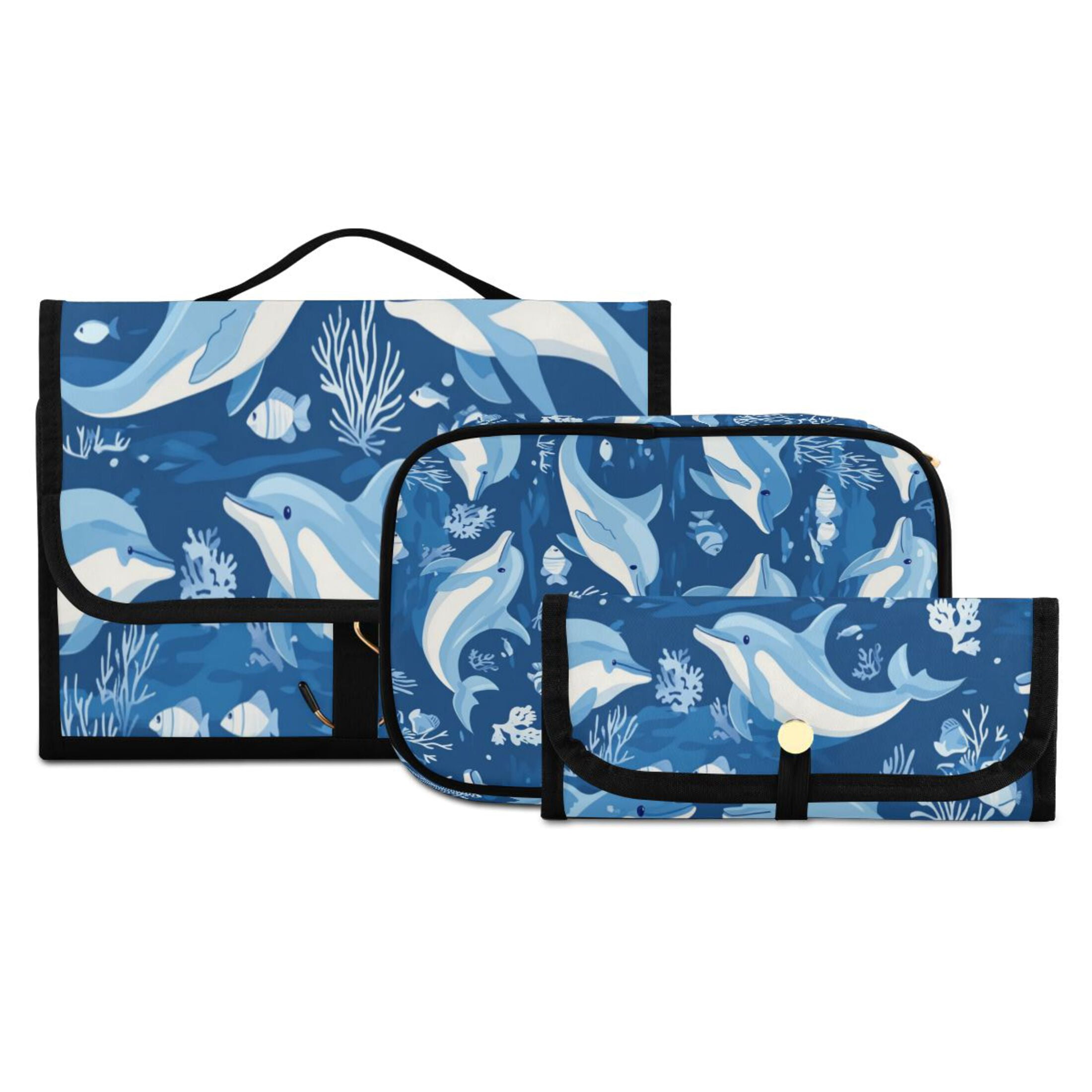 3-Piece Travel Toiletry Bag Set, Hanging Wash Bag with Makeup Bag & Brush Case,Waterproof Cosmetic Organizer for Travel, Gym & Home Playful Dolphins