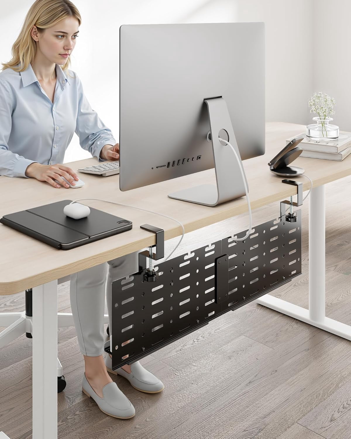 Under Desk Cable Management Tray, 30.2" Vertical Metal Pegboard Organizer for Power Strip, Cables, Clamp-On Cord Organizer Rack with Hooks, Trays & Cable Straps for Home Office, Black
