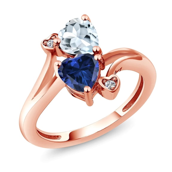 Gem Stone King 18K Rose Gold Plated Silver Sky Blue Aquamarine Blue Created Sapphire and White Lab Grown Diamond Ring for Women (1.56 Cttw, Heart Shape 6MM, Gemstone Birthstone, Size 6)
