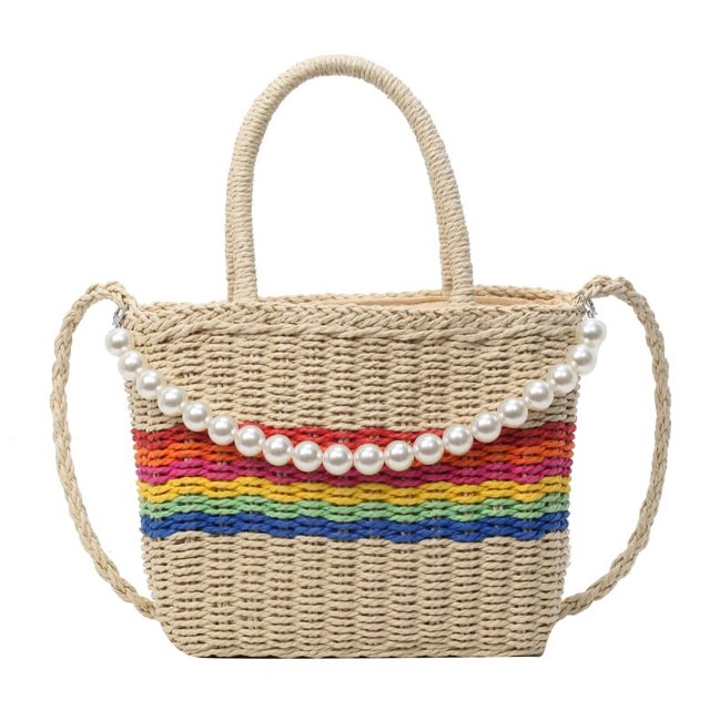 Bolso Hombro Paja para Mujer Con Bolso Arcoíris Perlas Bolso Ocio Femenino (blanco)